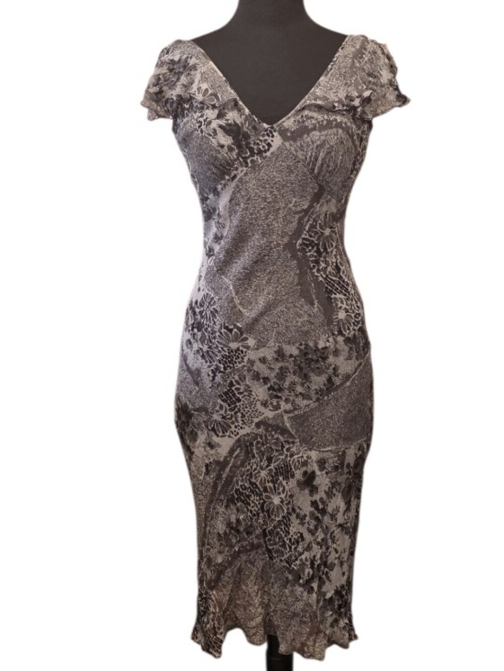 Vintage Y2K Whimsigoth M? Gray Printed V-Neck Midi Dress Fairy Boho Chic